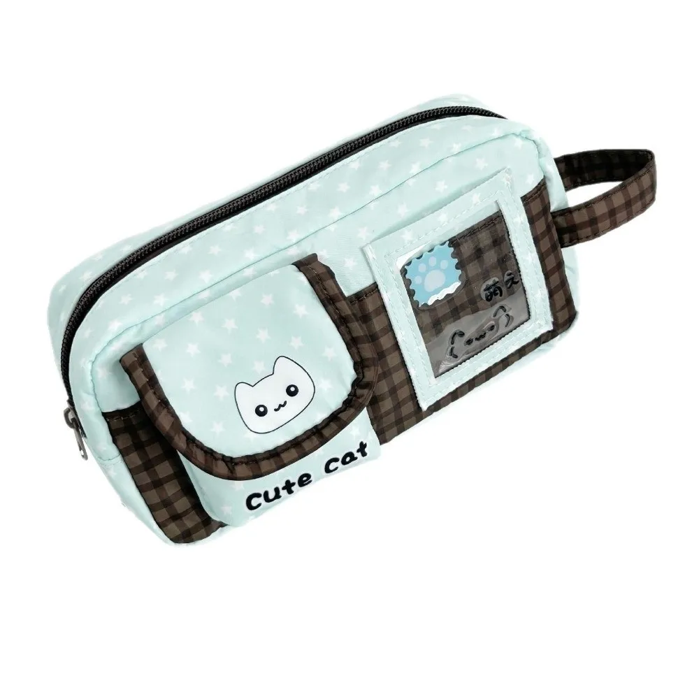 Durable Mint Chocolate Pencil Case Cat Print Large Capacity Pencil Pouch Multi Compartment Stationery Organizer Bag Gift
