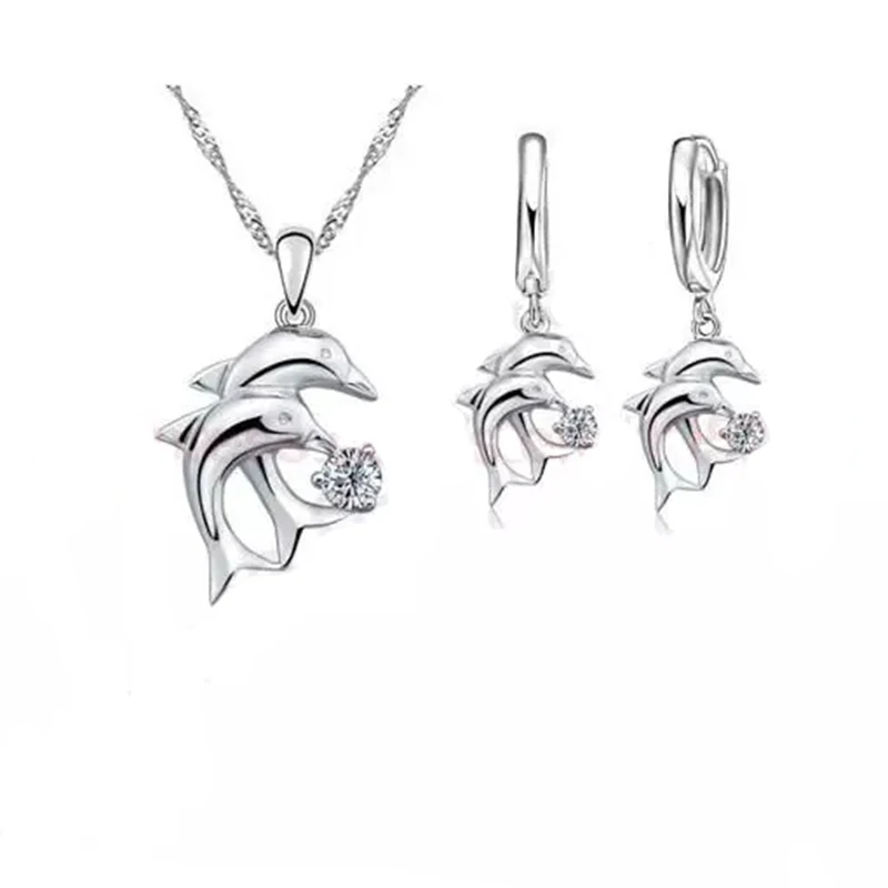 Latest Doule Dolphin Jewelry Sets Genuine 925 Sterling Silver Jewellery White Cubic Zirconia Pendant Necklace Lever Back Earring