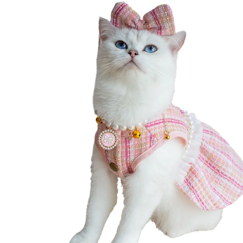 Cute Cat Skirt Necklace Hair Accessory Set High Quality Pearl Plaid Jacket Soft Texture Kitten Dress for Party Shooting Clothes