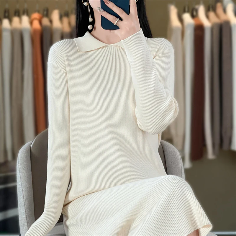 Women\'s boutique POIO collar long sleeved dress autumn and winter knitted cashmere sweater Women\'s solid color pullover long