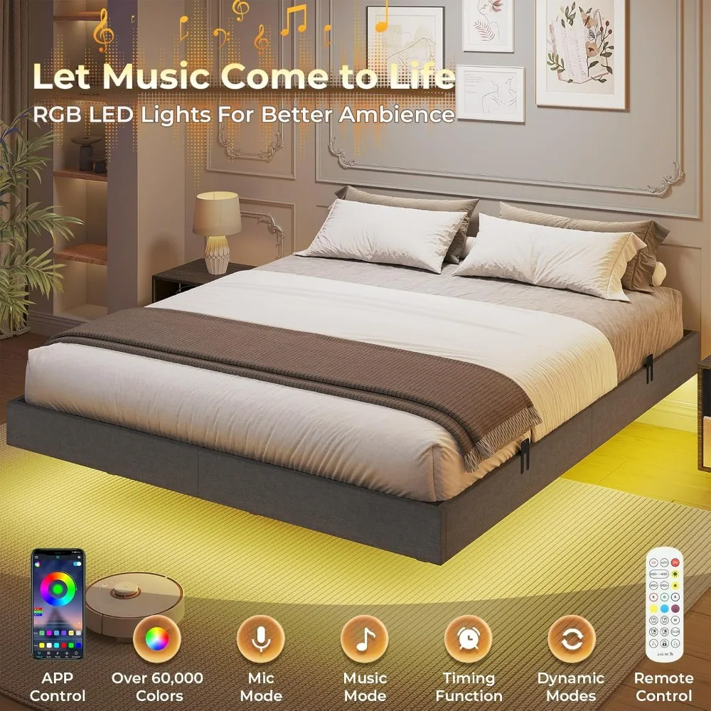 Floating Bed Frame Full Size, LED Bed Frame Linen Upholstered Platform Bed with Underbed Storage,Heavy Steel Slats Support,Bed
