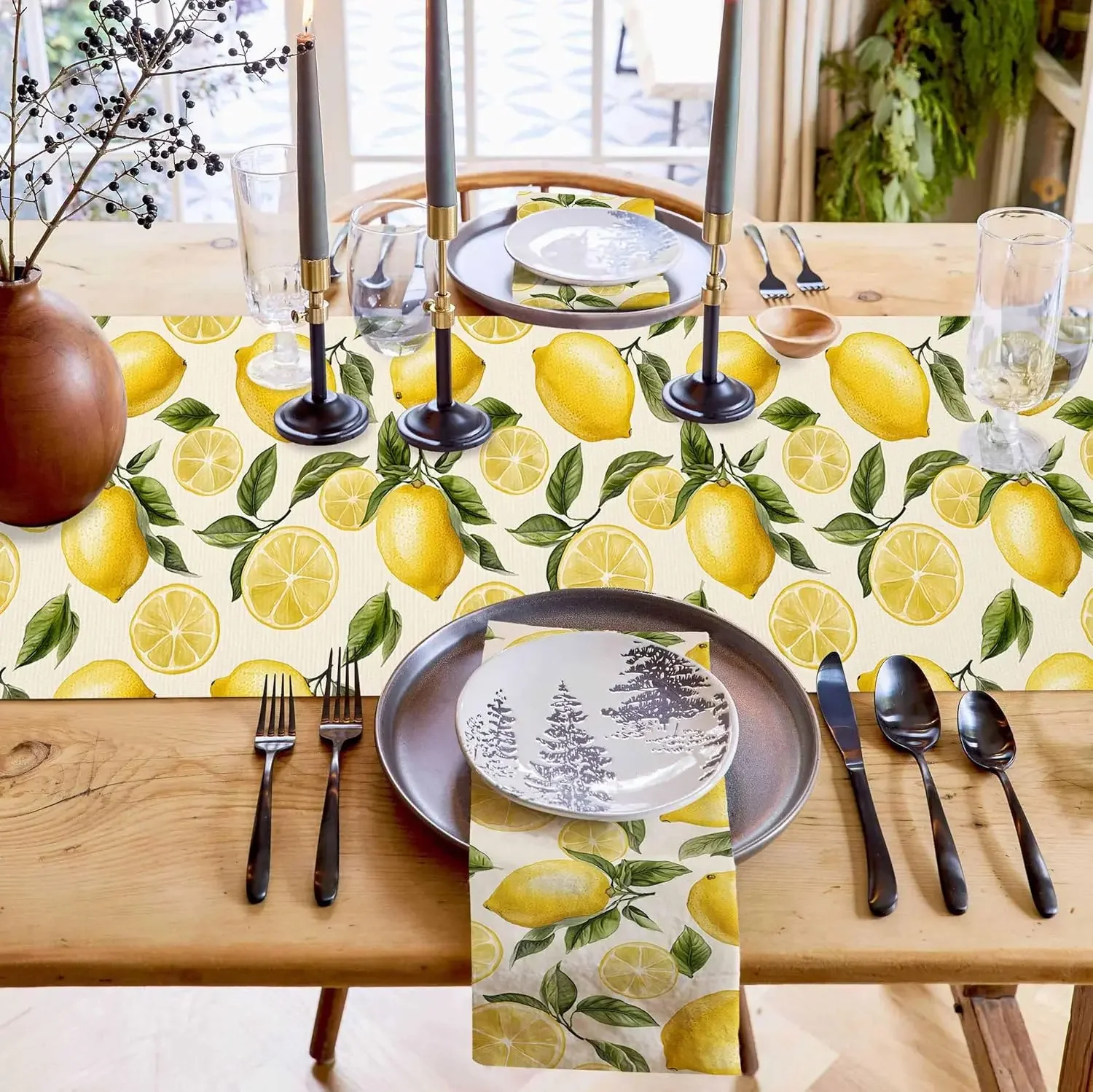 1pc  Lemon Theme Linen Table Runner Holiday Wedding Party Decor Watercolor Summer Farmhouse Table Runners Dining Table