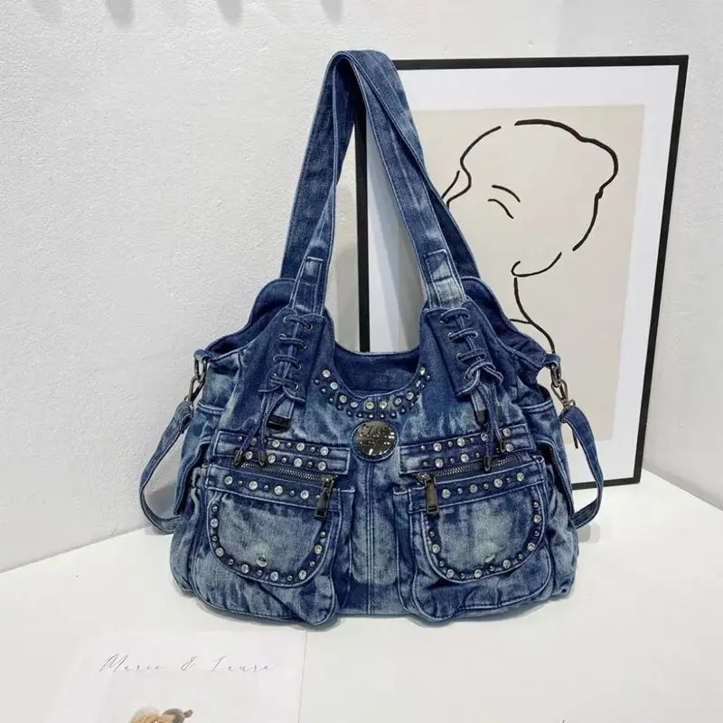 

Fashion Ladies New Large Capacity Denim Women's Shoulder Bags Vintage Rivet Decoration Y2k Blue Handbag Off-road Shoulder Wallet