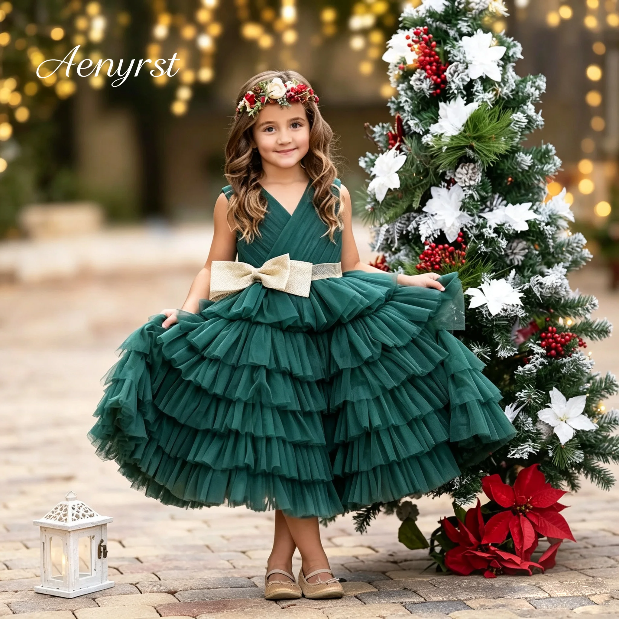 V‑Neck Sleeveless Girls Pageant Dress Big Bow Sash Multi‑Layer Ruffle Tulle Tiered Flower Girl Long Formal Dress