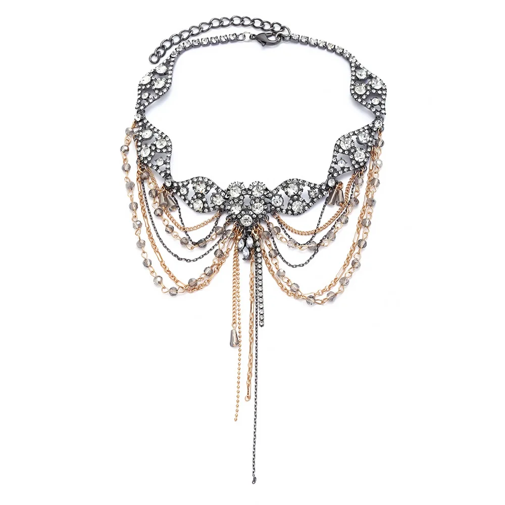 Damen Strass-Quasten-Choker-Halskette, Vintage Mehrschichtige Kette, Perlenkragen, Statement-Halskette für Hochzeitsfeier-Schmuck – Detail 4