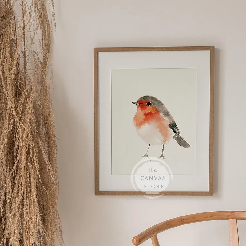 Bird Chickadee Robin Watercolor Poster and Print Bird on Branch Canvas Painting Minimalist Wall Art Picture for Room Home Decor