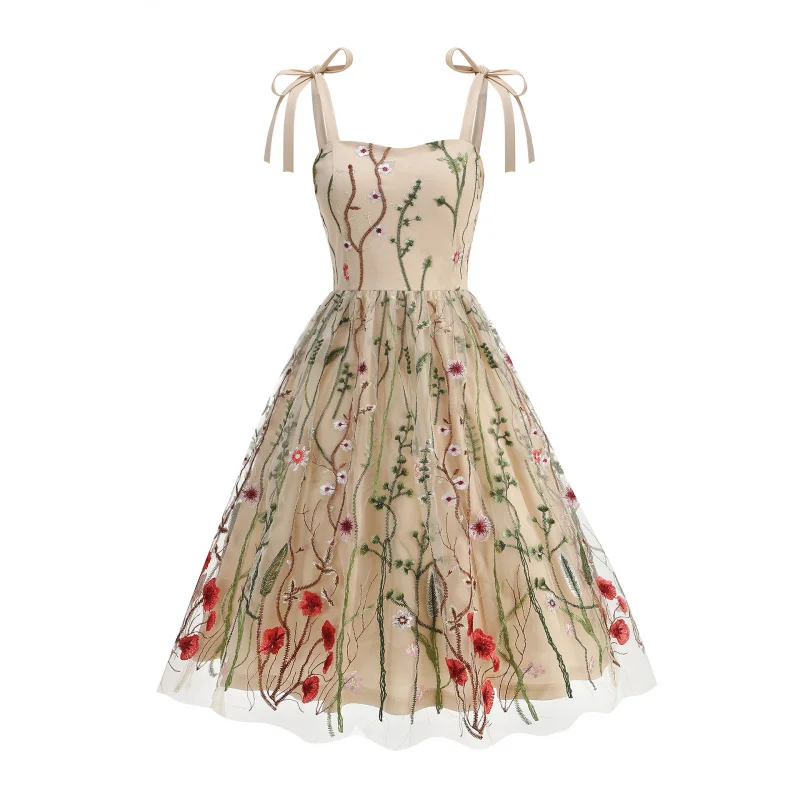 Gaun Jaring Bordir Vintage Wanita Tali Spaghetti Pinggang Tinggi Model Fit and Flare Gaun Pesta Koktail Pendek Gaun Mewah Elegan