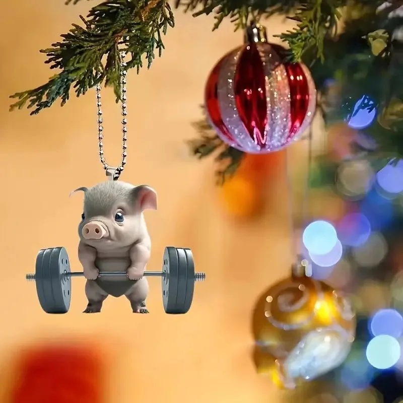 New creative 2D acrylic flat cartoon cute fitness piggy pendant, car decorations, keychain pendant Christmas ornaments