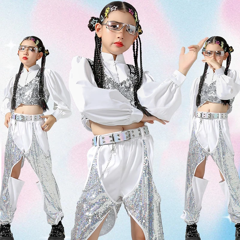 

2023 New Jazz Dance Costumes For Kids Sliver Vest Loose Pants Suit Girls Ballroom Hip Hop Dance Performance Stage Wear DQS14906