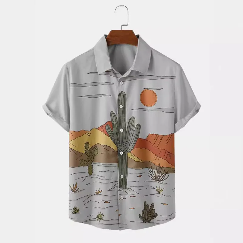Camisa de hombre con estampado 3D de cactus al atardecer del desierto de Gobi occidental, camisa de verano de manga corta y fina, camisa informal de playa de estilo retro y relajado