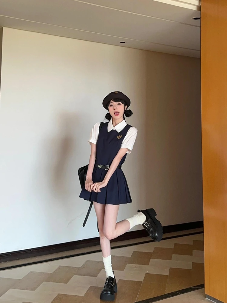 Корейский Sle School orm Dr Set JK orm Svel Антивозрастной плиссированный комбинезон Женский летний комплект из двух предметов
