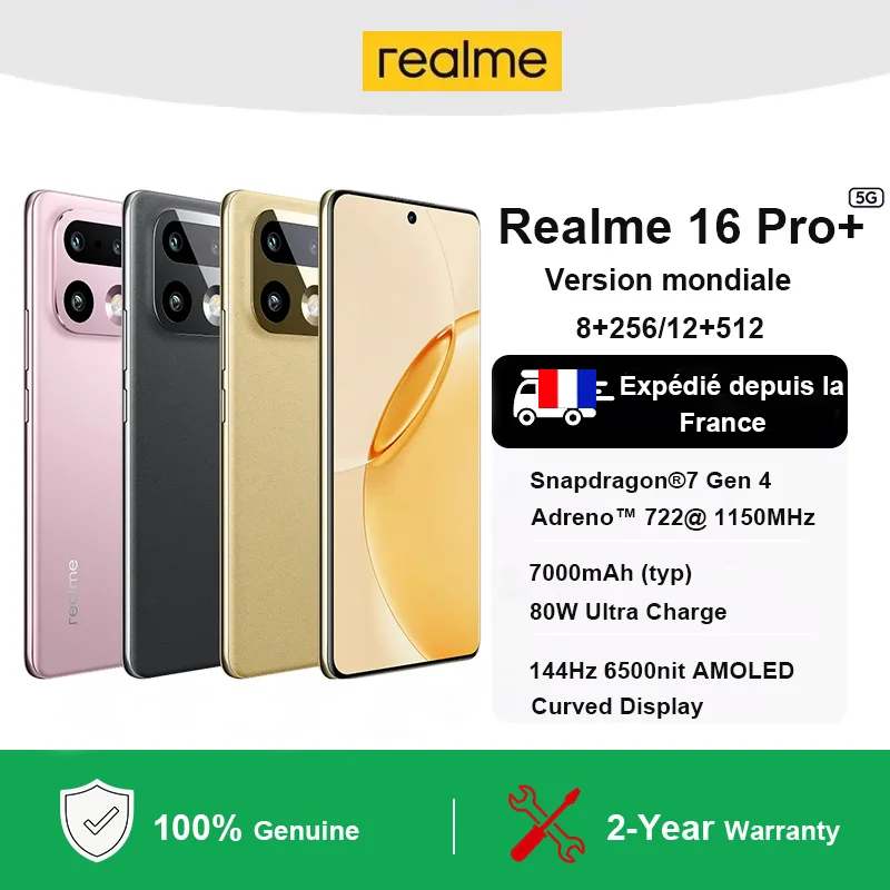 Smartphone Realme 16 Pro+ 5G Version Globale Snapdragon ® Batterie 7 Gen 4 7000 mAh, appareil photo principal 200 MP avec OIS, écran AMOLED 6,80 pouces