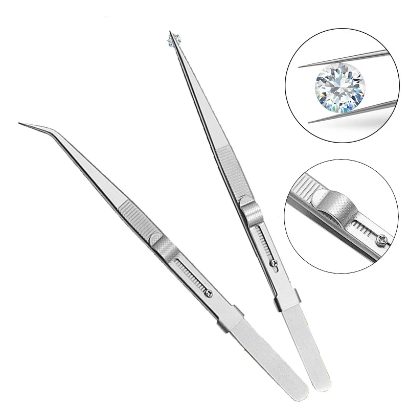 Stainless Steel Diamond Jewelry Tweezers Gemstone Pincette with Adjustable Antislip Lock Jewelry Tweezer Hand Tools