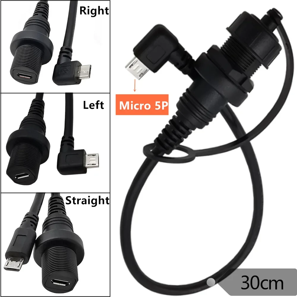 Waterproof USB 2.0 Micro 5Pin Male To Female AUX Cable Left/Right Angle Flush Panel Mount Data Sync Charging Extension 0.3m/1m