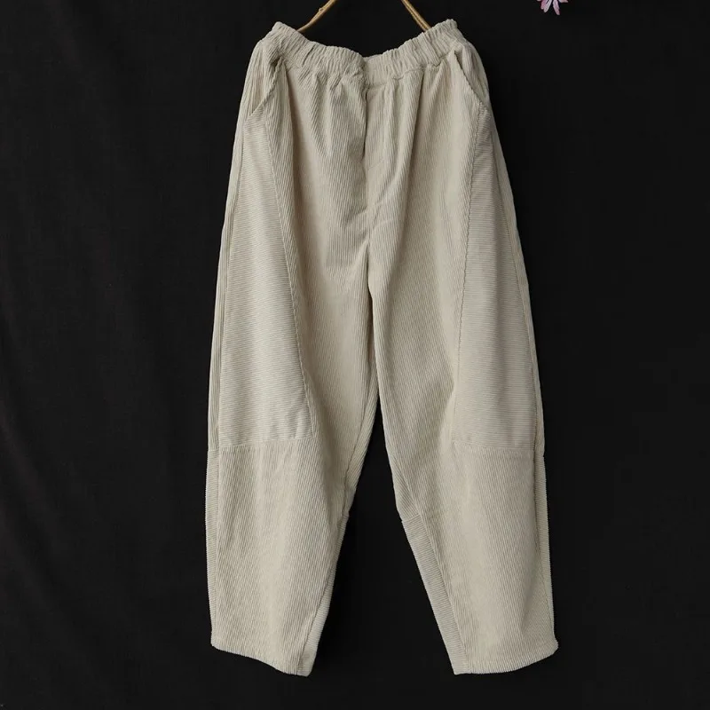 Pants Women Corduroy Spring Autumn New Vintage Thickening Casual Harem Trousers High Elastic Waist Retro Soft All-match Solid