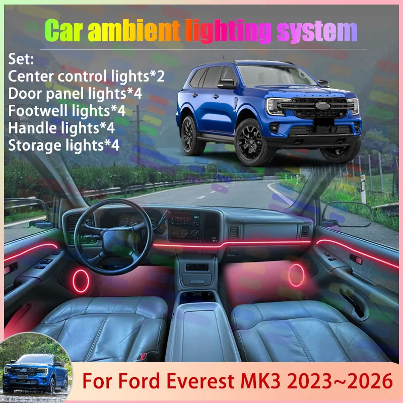 

Для Ford Everest U704 UB MK3 2023 2024 2025 2026 2/18 в 1, автомобильная атмосферная лампа, RGB абажур, ансамбль, стример, атмосферный набор