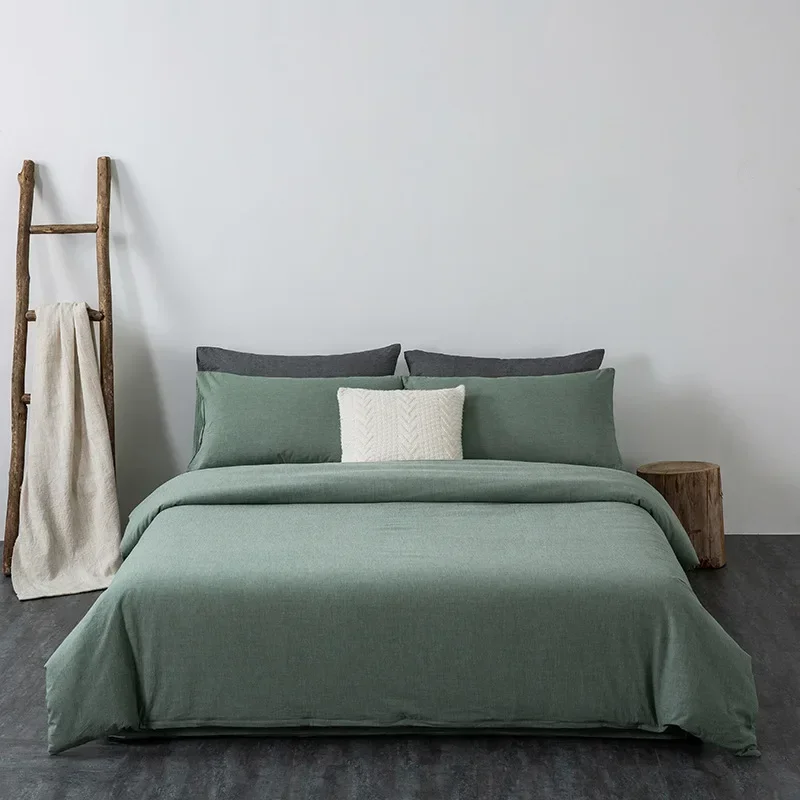 New minimalist color woven washed cotton four piece set, pure cotton bedding, thickened - solid color series