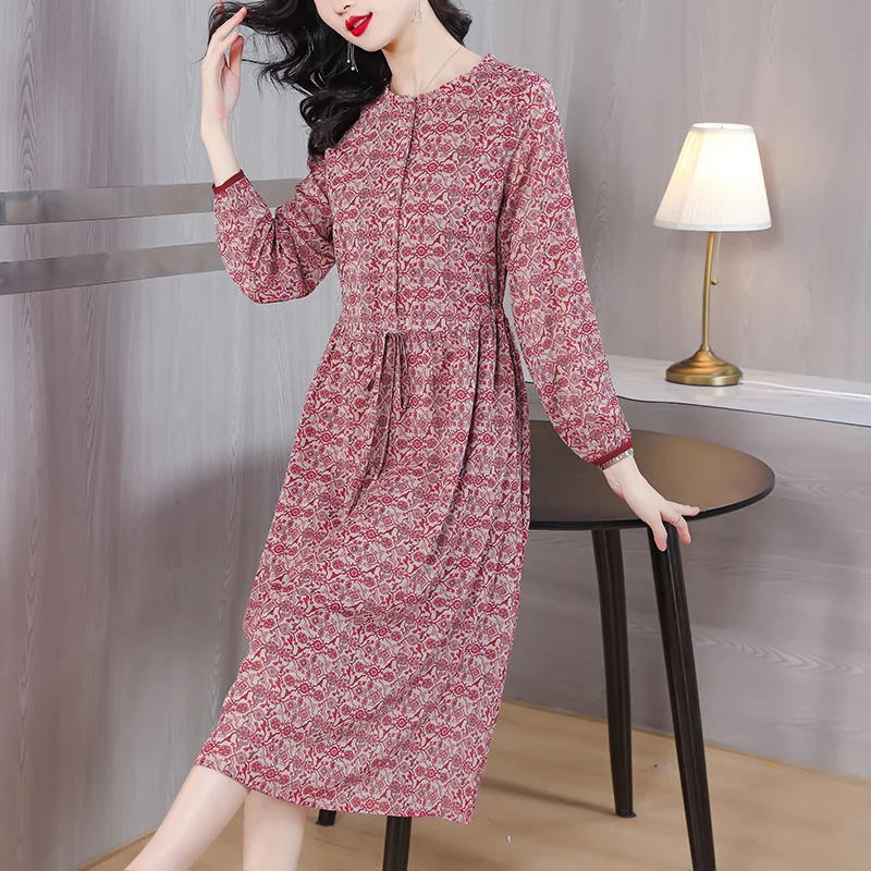 

2023 Autumn New Silk Vintage Print Dress Women's O-Neck Loose Large Sleeve Waist Belt Slim Knee Length A-line Long Dress Robe