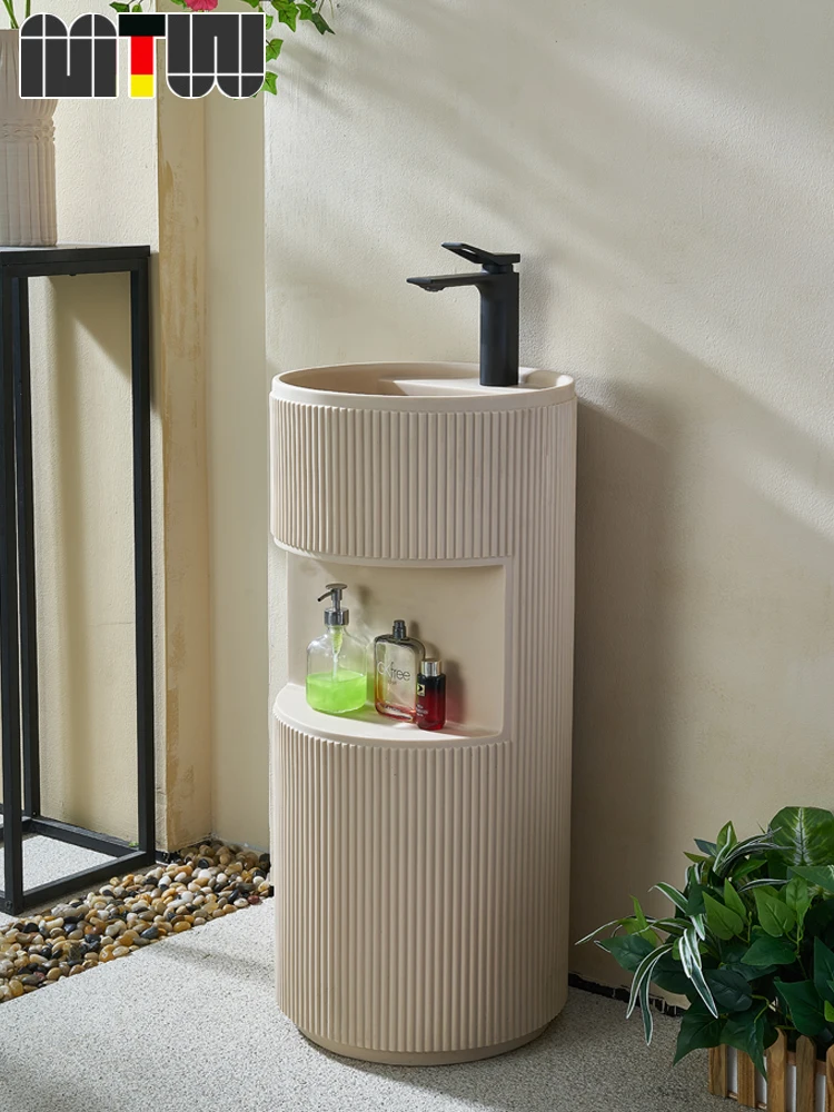 Cream air wash basin column basin integrated floor standing cylindrical outdoor balcony wash basin