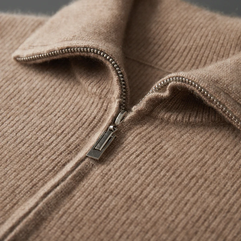 100% suéter de cachemira pura con cuello POLO para hombre, jersey de punto con media cremallera, chaqueta de camisa informal gruesa para otoño e invierno 2025