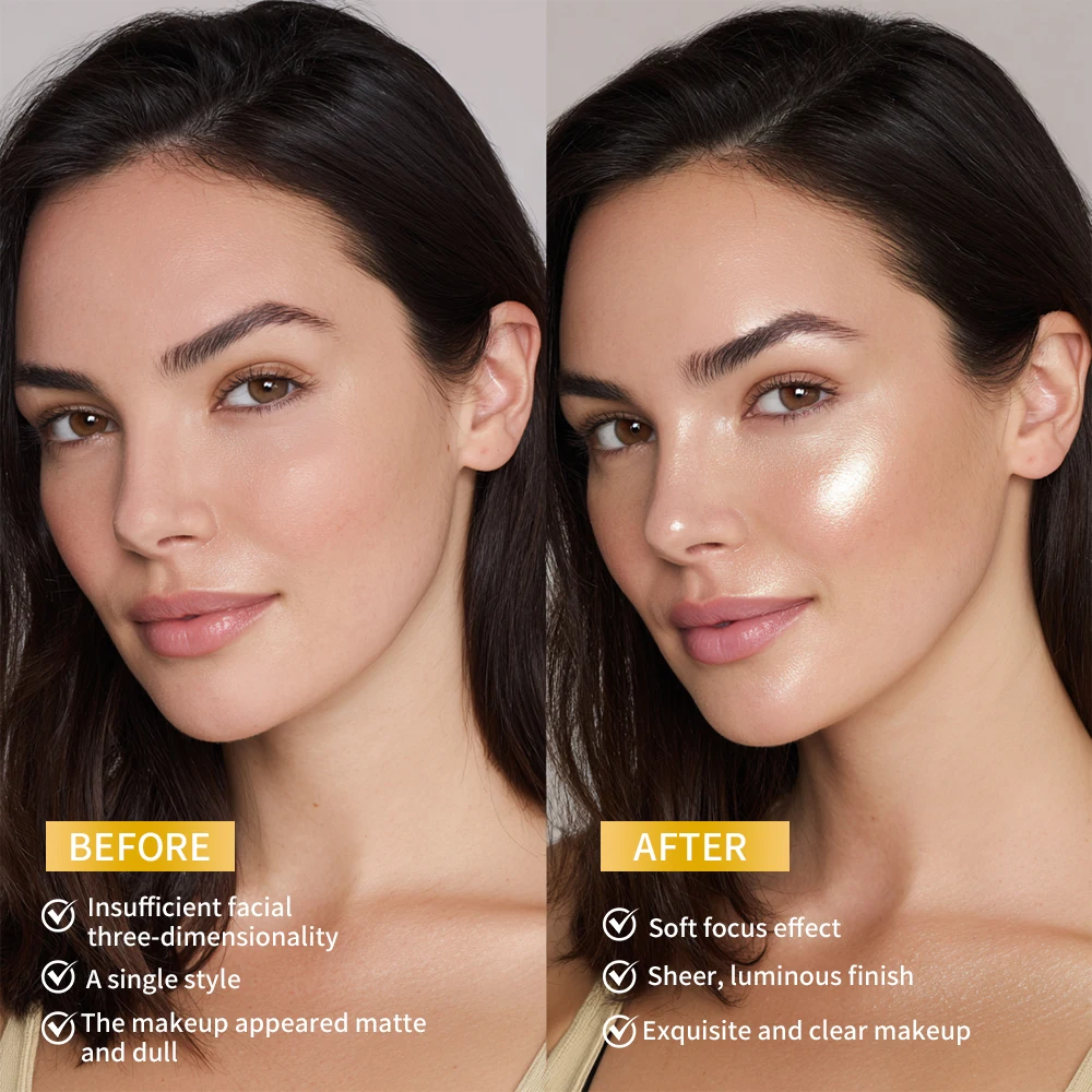 Pó iluminador facial à prova d'água de longa duração, brilho instantâneo de pele sedosa, iluminador brilhante, maquiagem, contorno, glitter