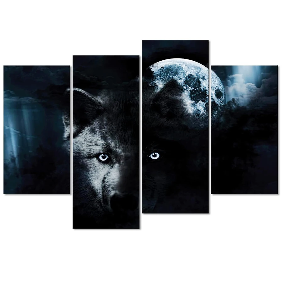 4 Panel Wall Art Black Wolf and Full Moon Painting full diamond paitning cross stitch 3D embroidery mosaic black forest animal