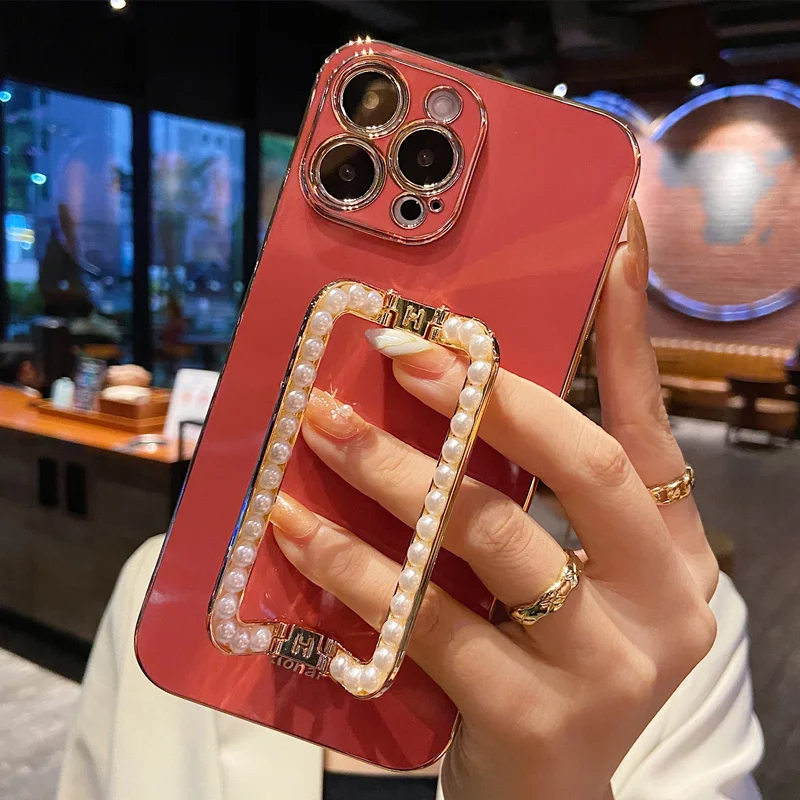Mới Cho iPhone 14 13 12 11 Pro Max X Xs XR 7 8 Plus SE2020 Điện Thoại Ốp Lưng Sang Trọng 3D Ngọc Trai Vuông Giá Đỡ Mạ Vàng Da