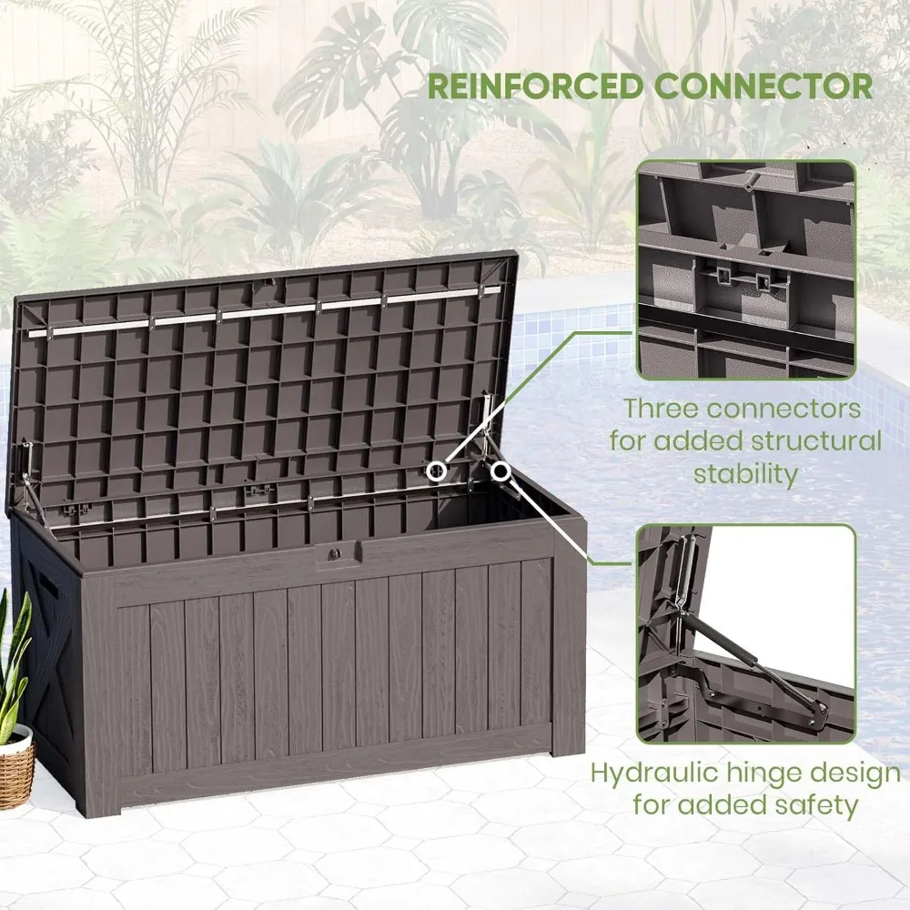 

120 gallon large deck box, outdoor lockable gardening tool storage box, terrace furniture waterproof deck box