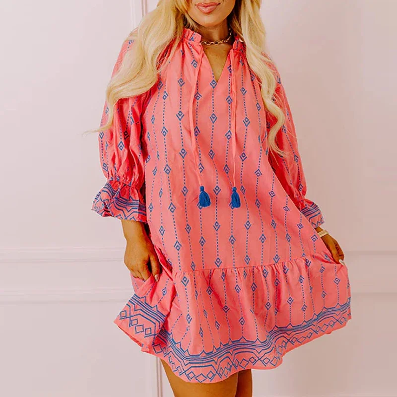 

Female Vintage Geometric Print A-Line Dress Spring V Neck Lace-up Boho Mini Dress Autumn Long Sleeve Women Party Dress Vestidos