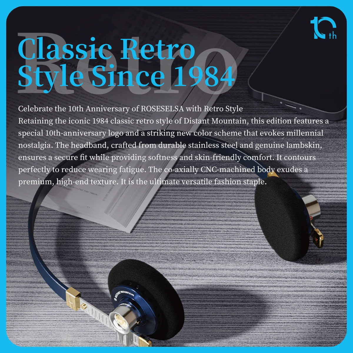 Słuchawki przewodowe nauszne ROSESELSA Distant Mountain 10th Anniversary Edition, modne słuchawki retro HiFi — zdjęcie produktu 4