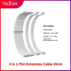 TEUCER CPU PSU 익스텐션 케이블, 3 in 1 마더보드, ATX 24 핀 GPU PCI-E 6 + 2 핀 8 핀 CPU EPS 4 + 4 핀 18AWG 전원 코드, 빗 포함, 30cm