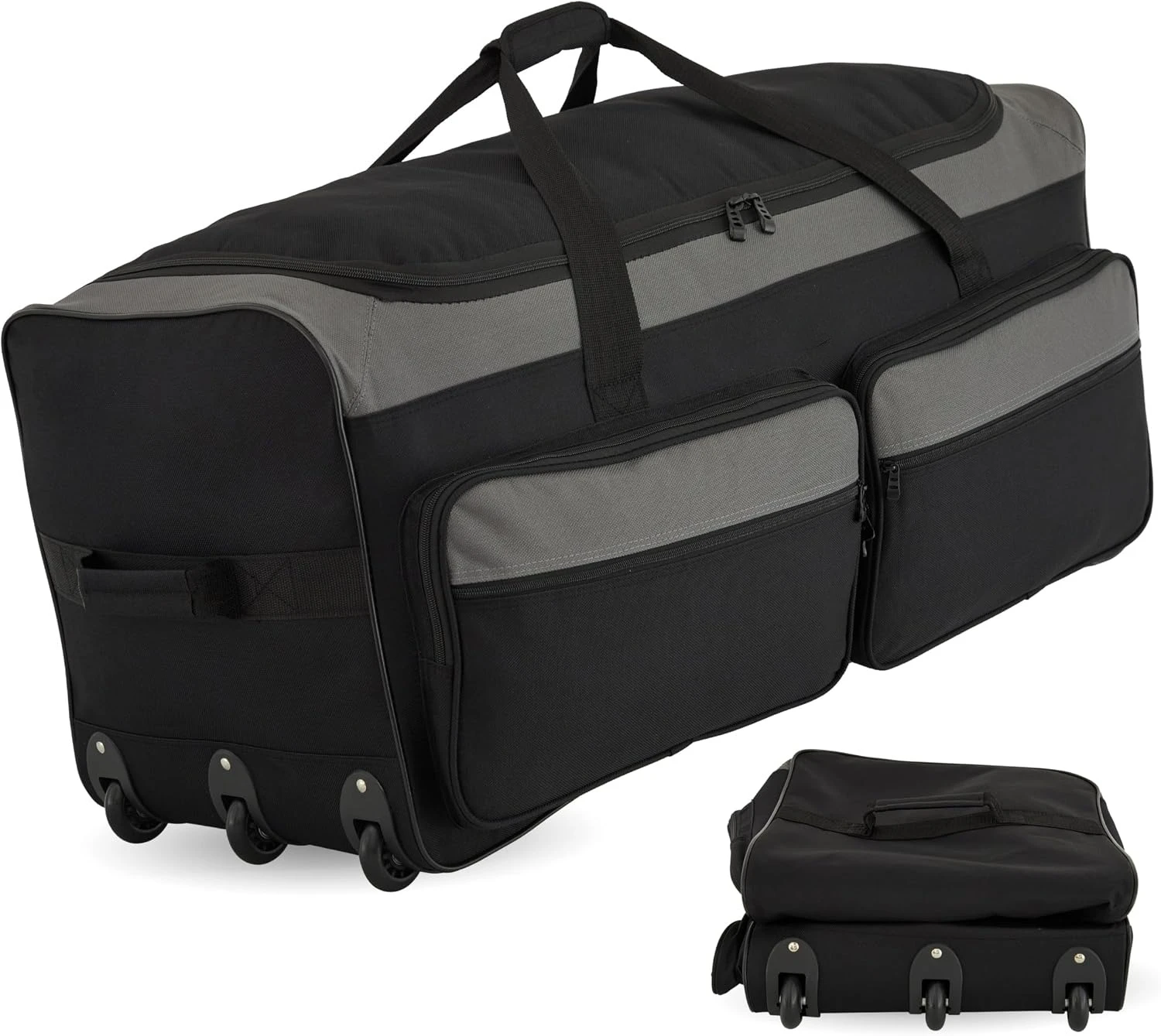 Rolling Duffle Bag 36 Inch Wheeled Travel Luggage With 3 Inline Skate Wheels Heavy Duty Large Capacity Cargo Bag Foldable Storage Container For Camping Moving Outdoor Sports Black