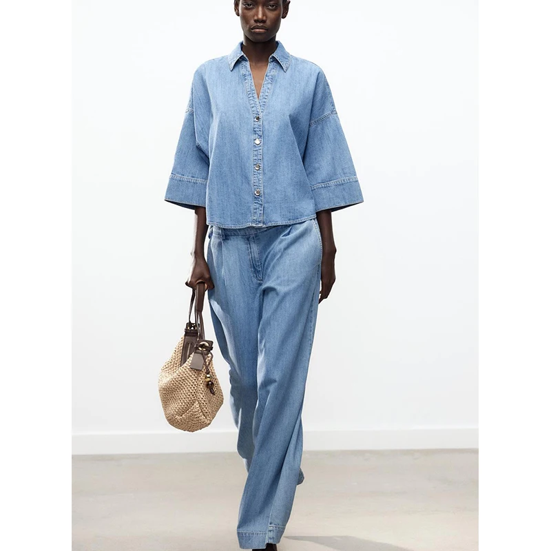 Eenvoudige brede Sve casual denim irt Tu geplooide wijde pijpen casual jeans hoge taille lente 2025, faion-set dameskleding