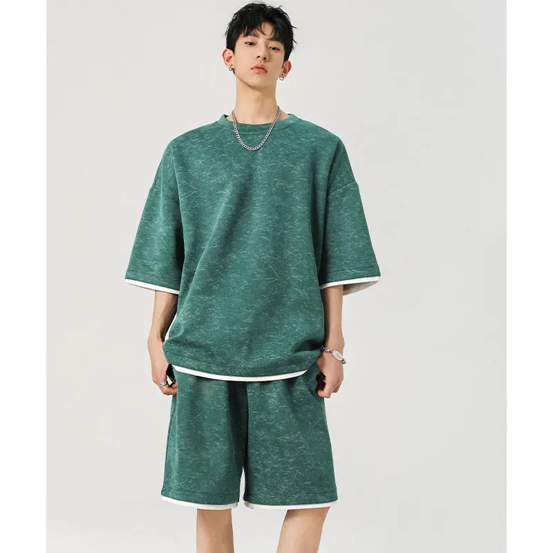 

Men's Vintage Acid Wash T-Shirt and Shorts Set Casual Two Piece Contrast Trim Oversized Streetwear 2 Piece Outfit Plus Size Men