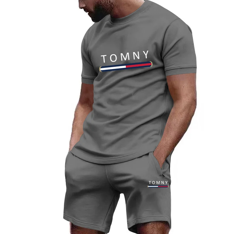 Outdoor Trendy Men's Suit Simple Letter Rose Patchwork Color Round Neck Short Sleeve Shorts Comfortable and breathable material image 5
