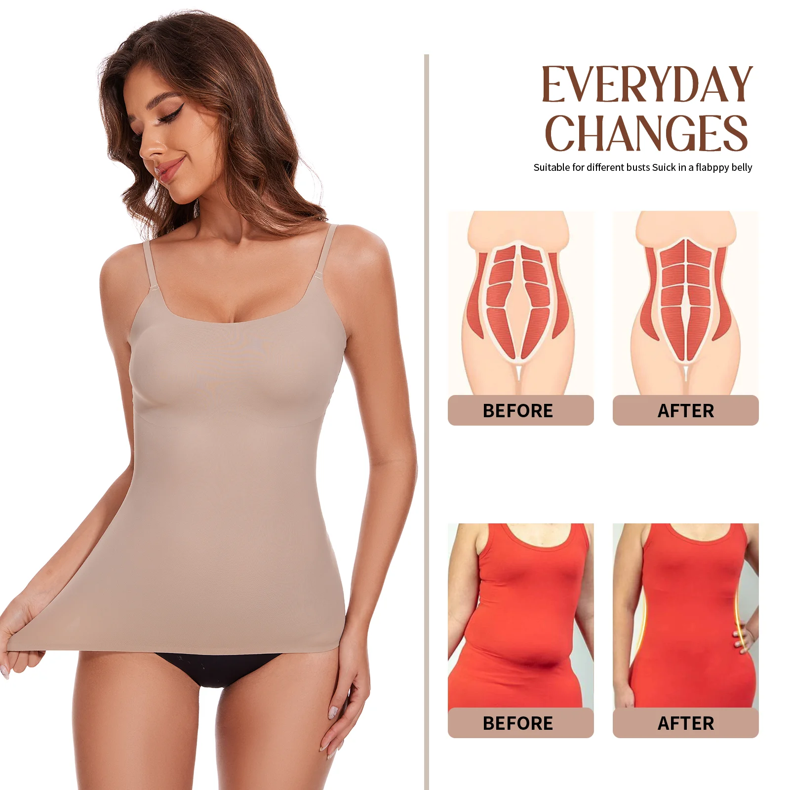 Women\'s Compression Push Up Belly Slimming Camis Shapewear Tummy Control Tank Tops Seamless O Neck Adjustable Straps Body Shaper