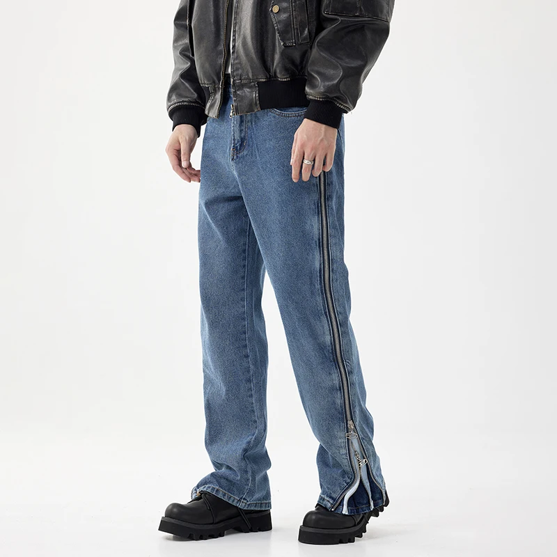 Personalized zipper men's straight jeans high street blue wash casual pants 2024 new fall high-end tide Korean men's pants
