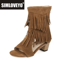 SIMLOVEYO Big size 32-46 peep toe summer boots high heelswomen tassel zipper western ankle boots sandals nubuck leather ringe
