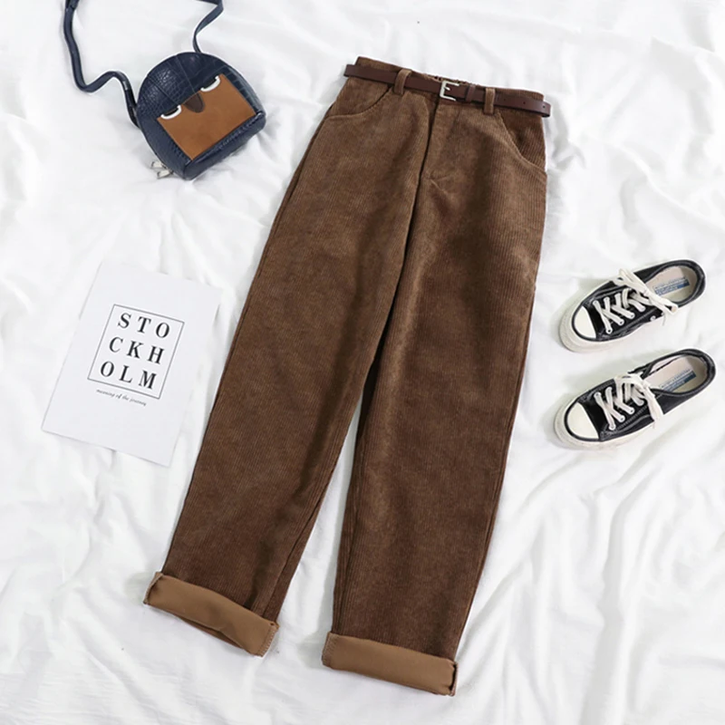 Women Spring Corduroy Pants High Waist Autumn Vintage Korean Casual Wide Leg Pants Elegant Belt Loose Cotton Streetwear