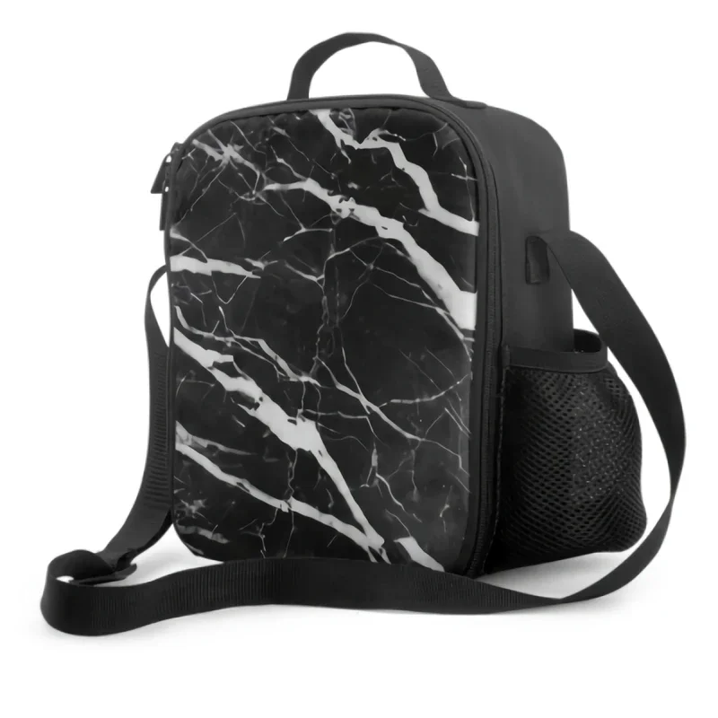 3D Natural Black Marble Texture Insulated Lunch Box Leakproof Portable Lunch Bag Durable Cooler Tote Bag for Beach Picnic Office