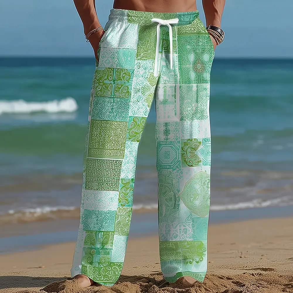 Herren-Freizeithose mit Print, Frühling-Sommer Strandurlaub Lose Gerade Hose, Kordelzug-Loungewear