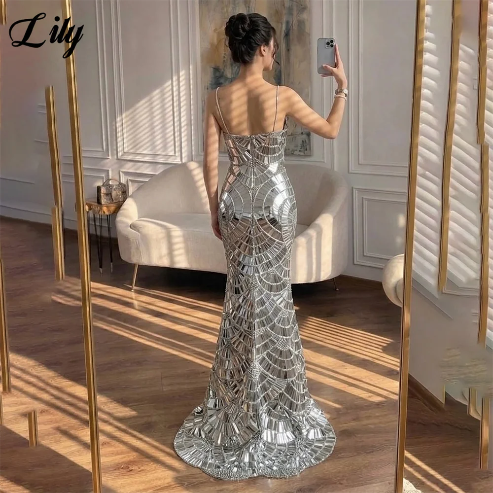 Lily Silver Spaghetti Strap Evening Dress Fan Pattern Sequin Rhinestone Party Dress Mermaid Prom Gown robes du soir Customized