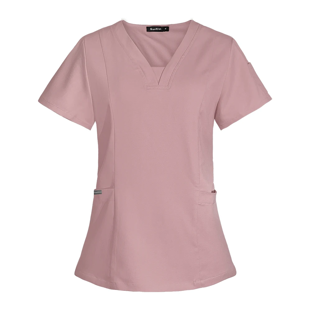 Donna Medica Scrubs top infermiera infermieristica uniforme manica corta con scollo a v camicetta di bellezza Scrub camicia con tasca abbigliamento da lavoro giacca da laboratorio