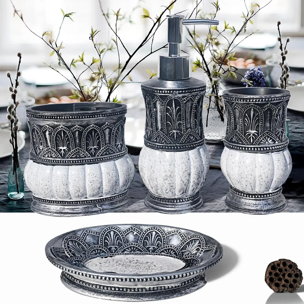 

Pumkins Bathroom Accessories Set，Retro Style Including 1 Cups, 1 Toothbrush Holders, 1 Soap Dishes and 1 Soap Dispenser, Home