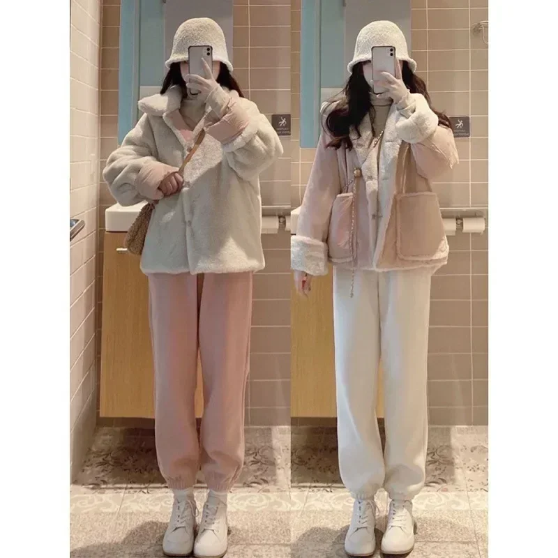 Winter Lambswool Parkas Women Double Side Wear Thick Fleece Coat Female Korean Fashion Cute Preppy Style Single Breasted Jacket