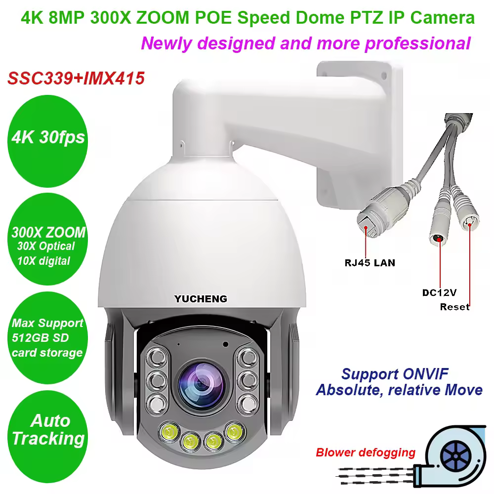4K, 8 Мп, 300-кратный зум, Onvif, Absolute Move, POE, купольная PTZ-камера, IP-камера, прямая трансляция на YouTube, протокол Hikvision, IVM4200, P2P, IMX415, SD, 256 ГБ