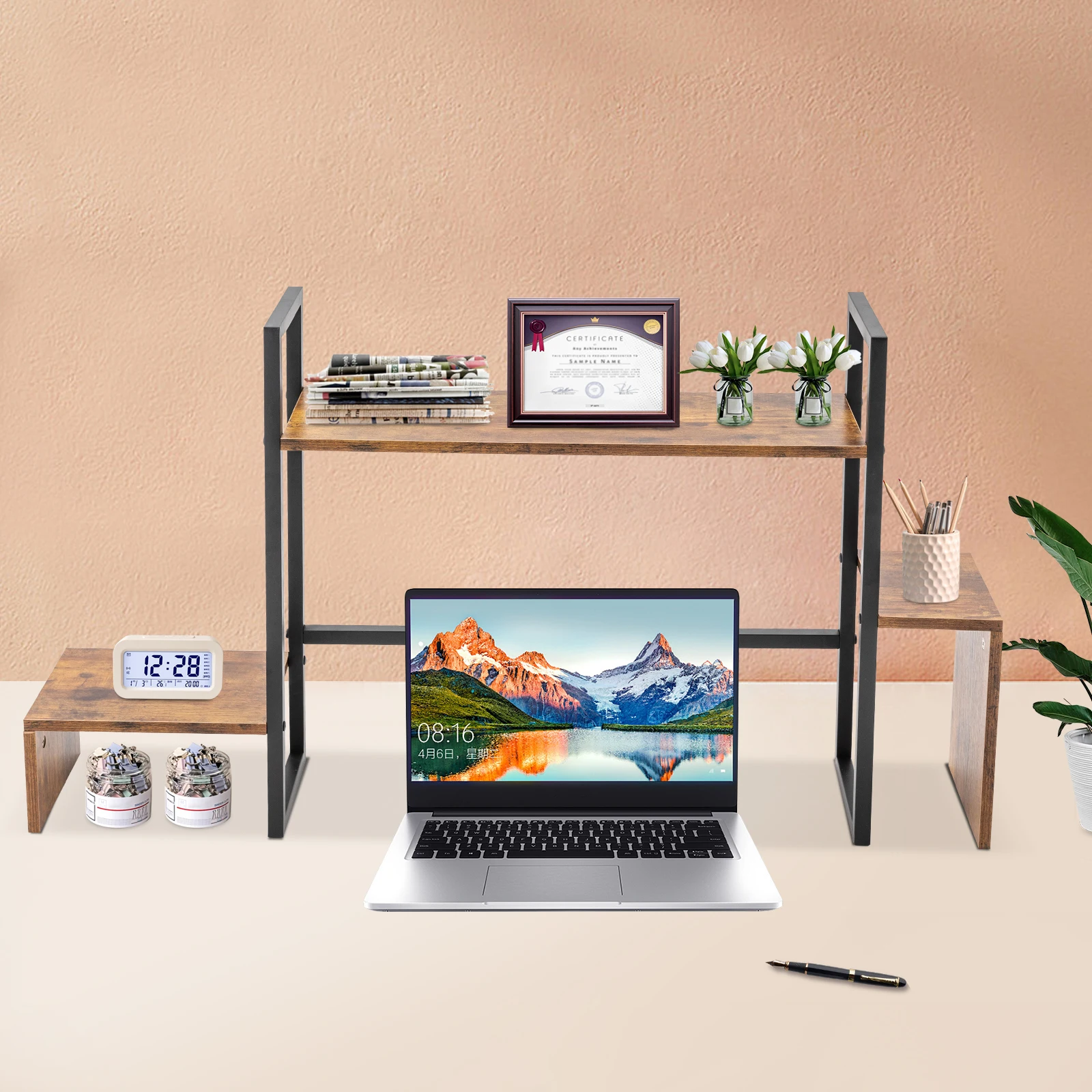 Computer Desktop Bookshelf, Countertop Display Shelf, Desk Storage Organizer, Black Brown MDF Board, Carbon Steel, Classic Rectangular, Multifunctional Shelf for Study Room, Bedroom, Living Room, Office, Holds Books, Printers, Plants, Easy Assembly, 75kg