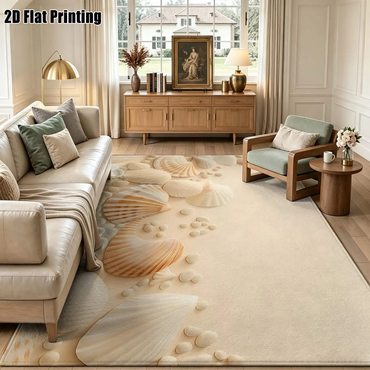 1Pc 2D Printed Beige Shell Pattern Carpet, Nordic/Instagram/Modern Minimalist/European Style, Multi-Size Machine Washable Floor Mat for Home Decor: Entrance, Dining Room, Foyer, Bedroom, Living Room