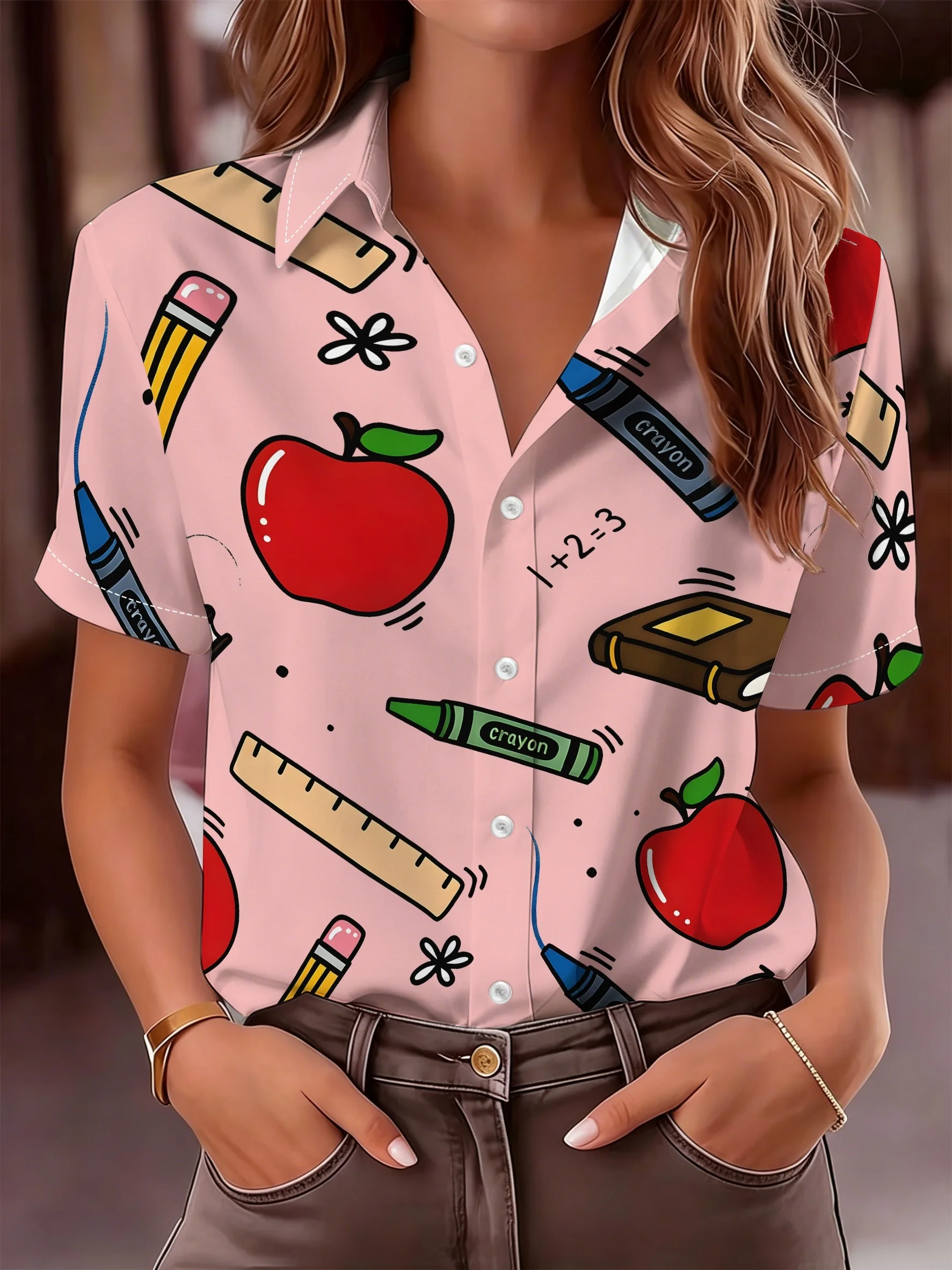 Damen-Langarmshirt mit Cartoon-Apfel- und Schreibwaren-Print, lässig, normale Passform, bequem, vielseitig, für Pendler, für den täglichen Gebrauch – Detail 4