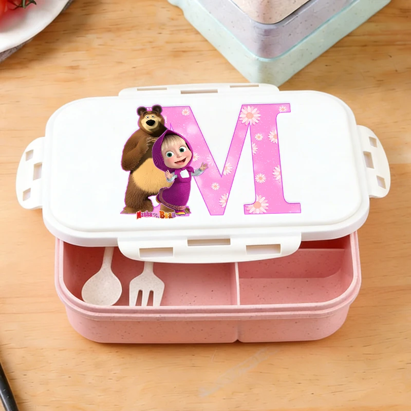 Mascha und der Bär Schüler-Lunchbox, Tiermotiv, Cartoon-Buchstaben A-Z, getrennte Bento-Boxen, tragbarer Behälter für Schule und Büro